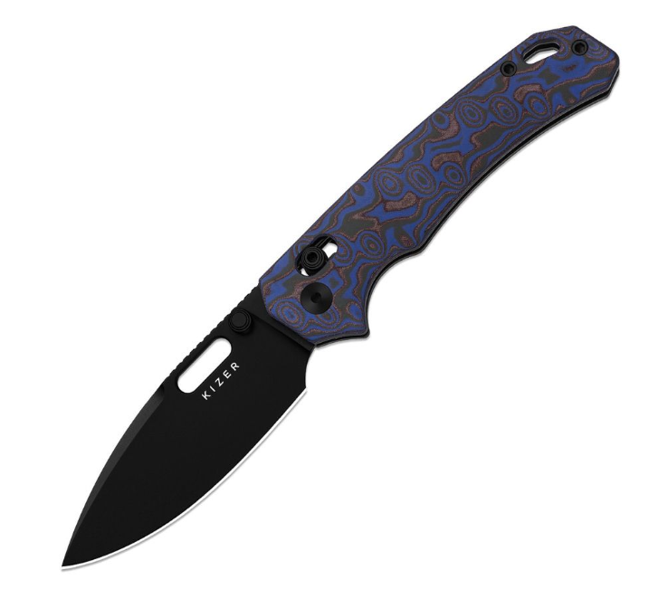 Kizer Outposter Clutch Lock – Nitro-V / Blue & Brown Micarta
