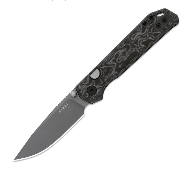 Kizer Begleiter Button Linerlock – Gray PVD / Black Micarta